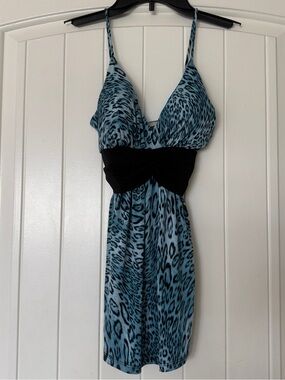 Y2K Blue Leopard Print Babydoll Cami Top | Built In Pad Bra Animal Print Small
